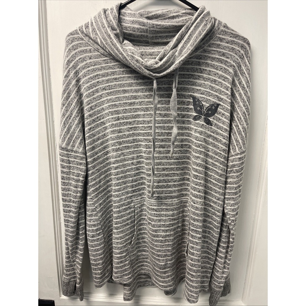 Boxercraft Gray White Striped Cowl Neck Soft Sweater W Butterfly M